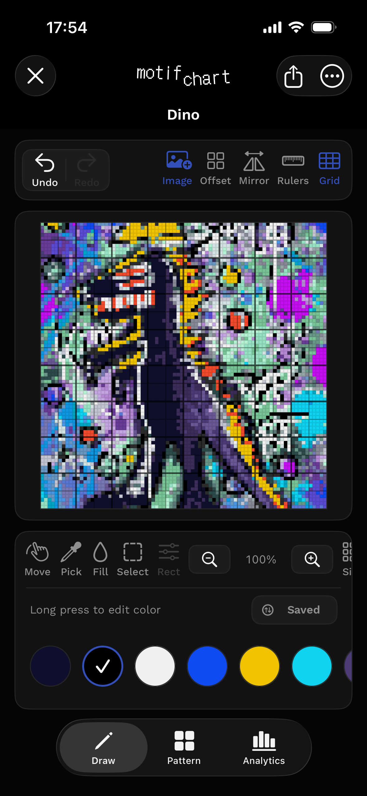 MotifChart draw workspace with a detailed Dino chart on the grid.