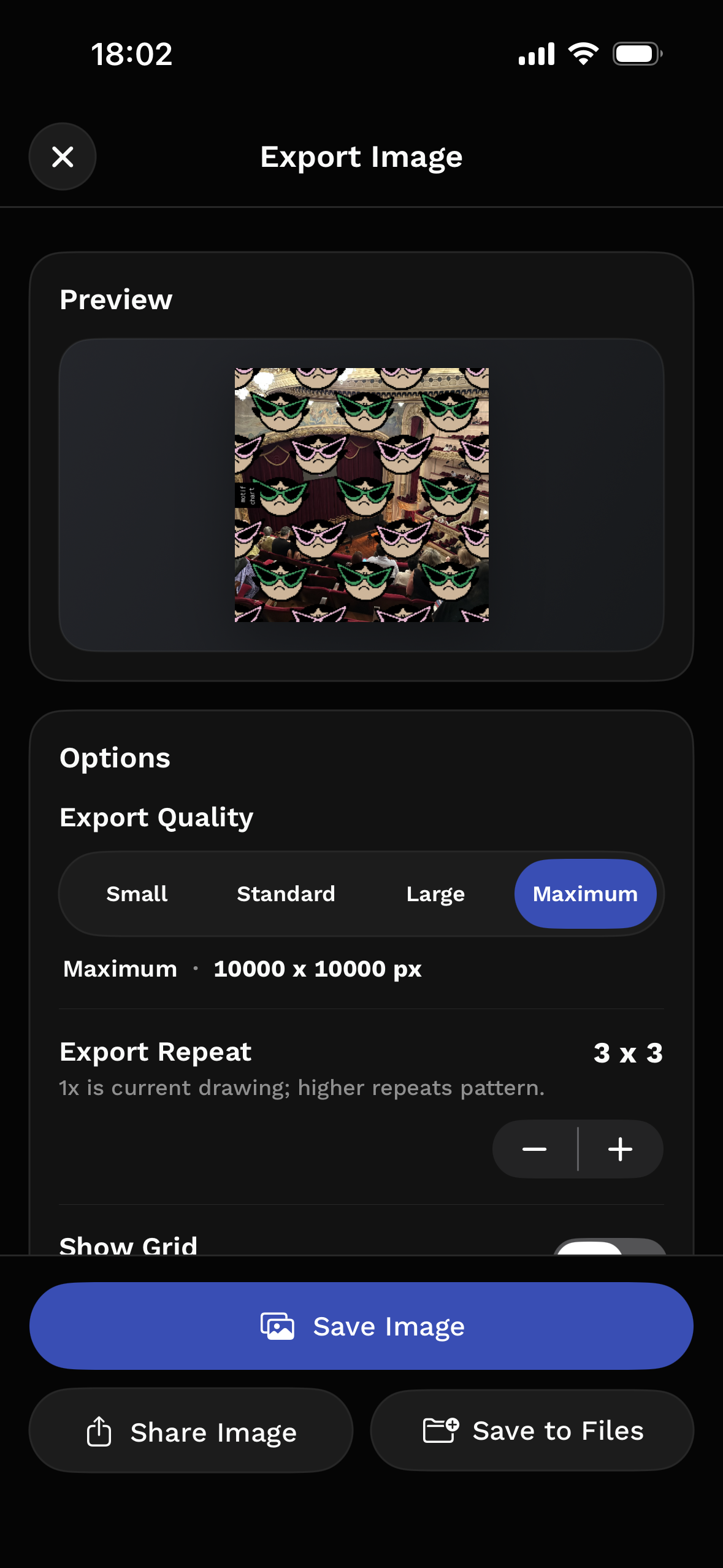 MotifChart export image screen previewing a repeated chart over a photo underlay.
