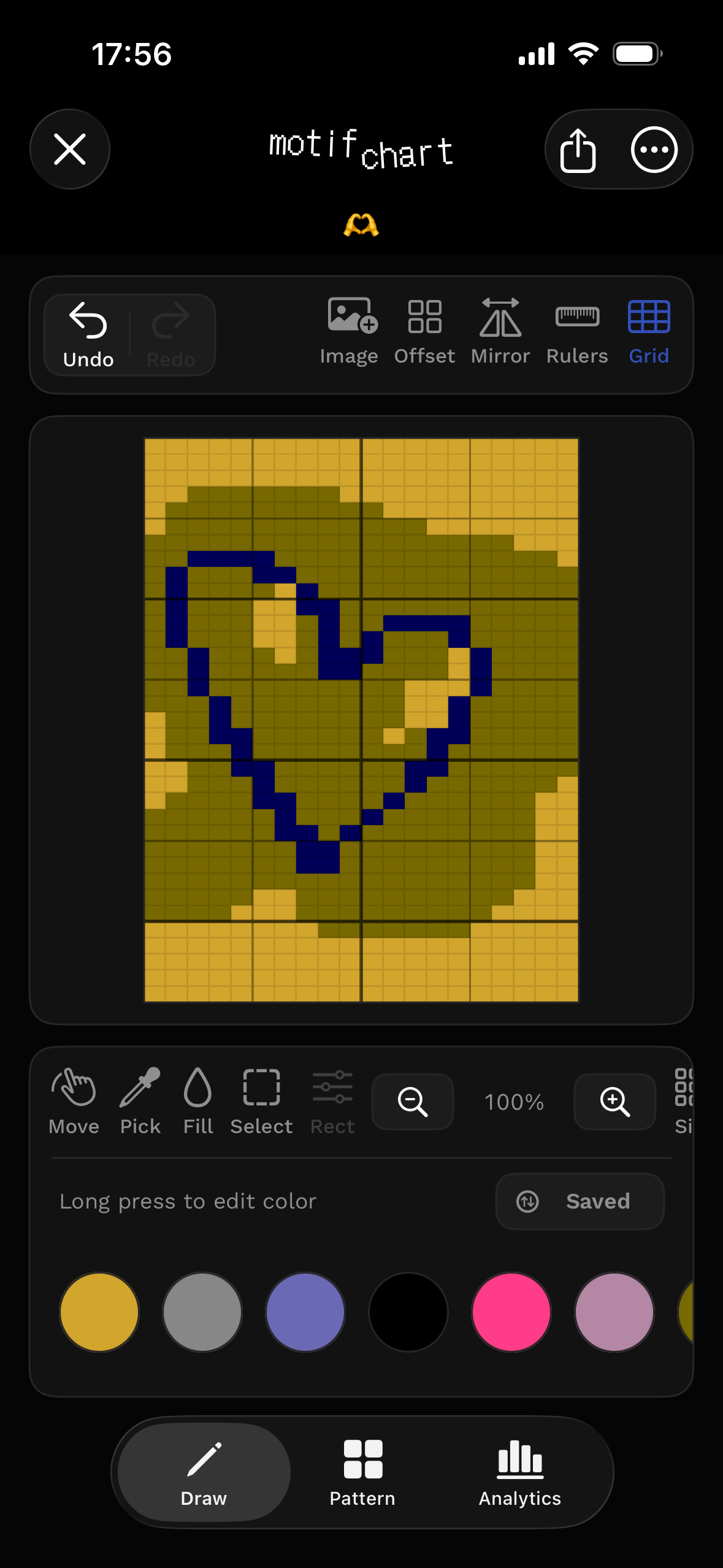 MotifChart draw workspace showing a heart chart on a grid.