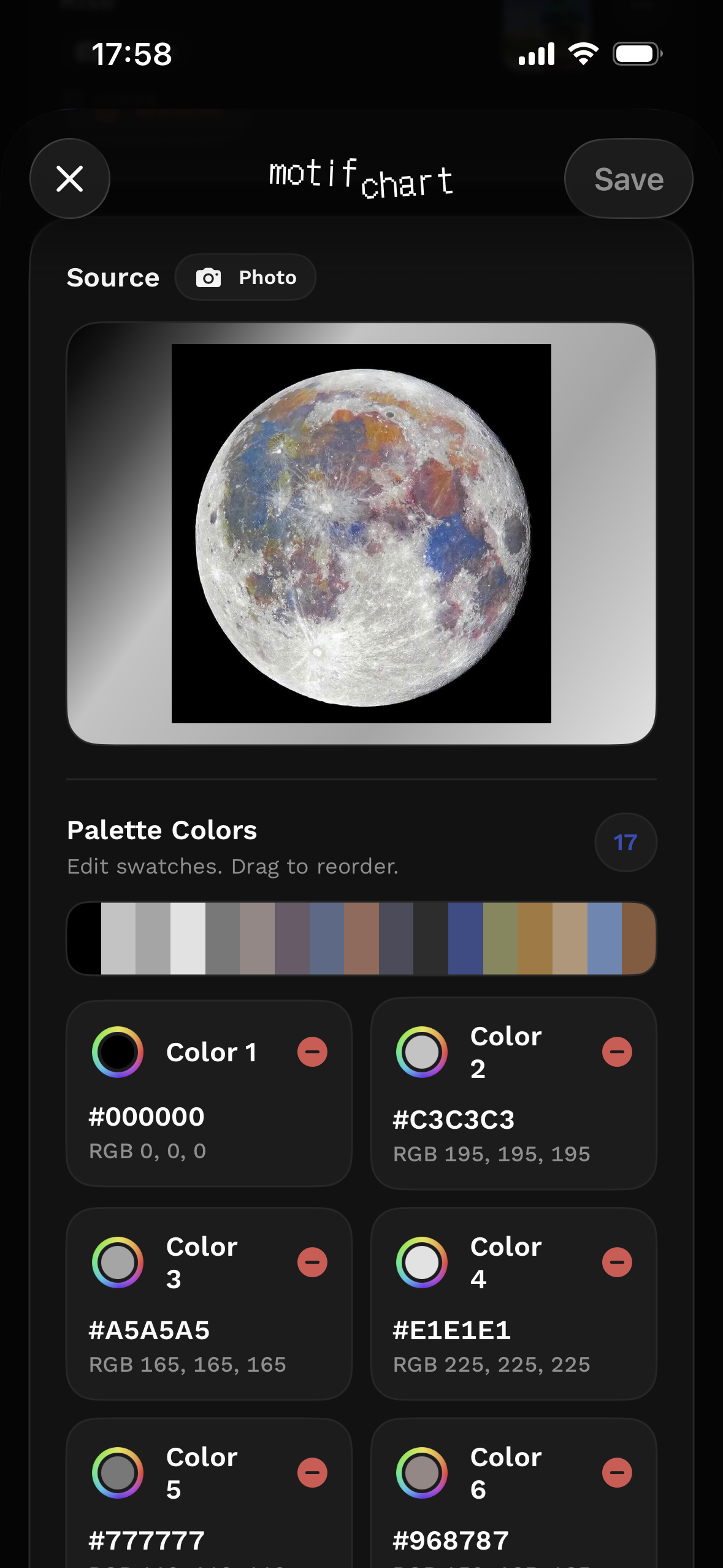 MotifChart palette screen extracting colors from a moon image.