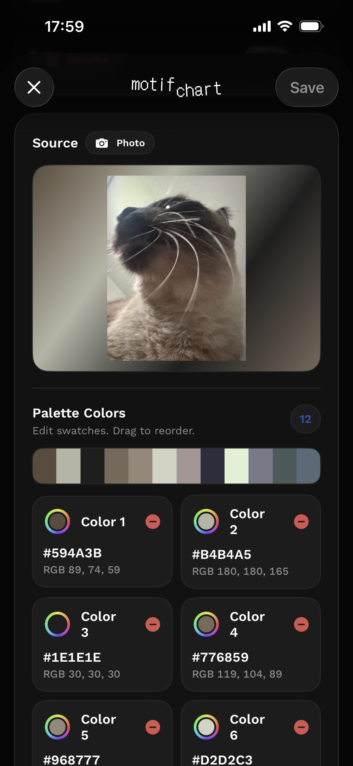 MotifChart palette screen extracting colors from a photo.