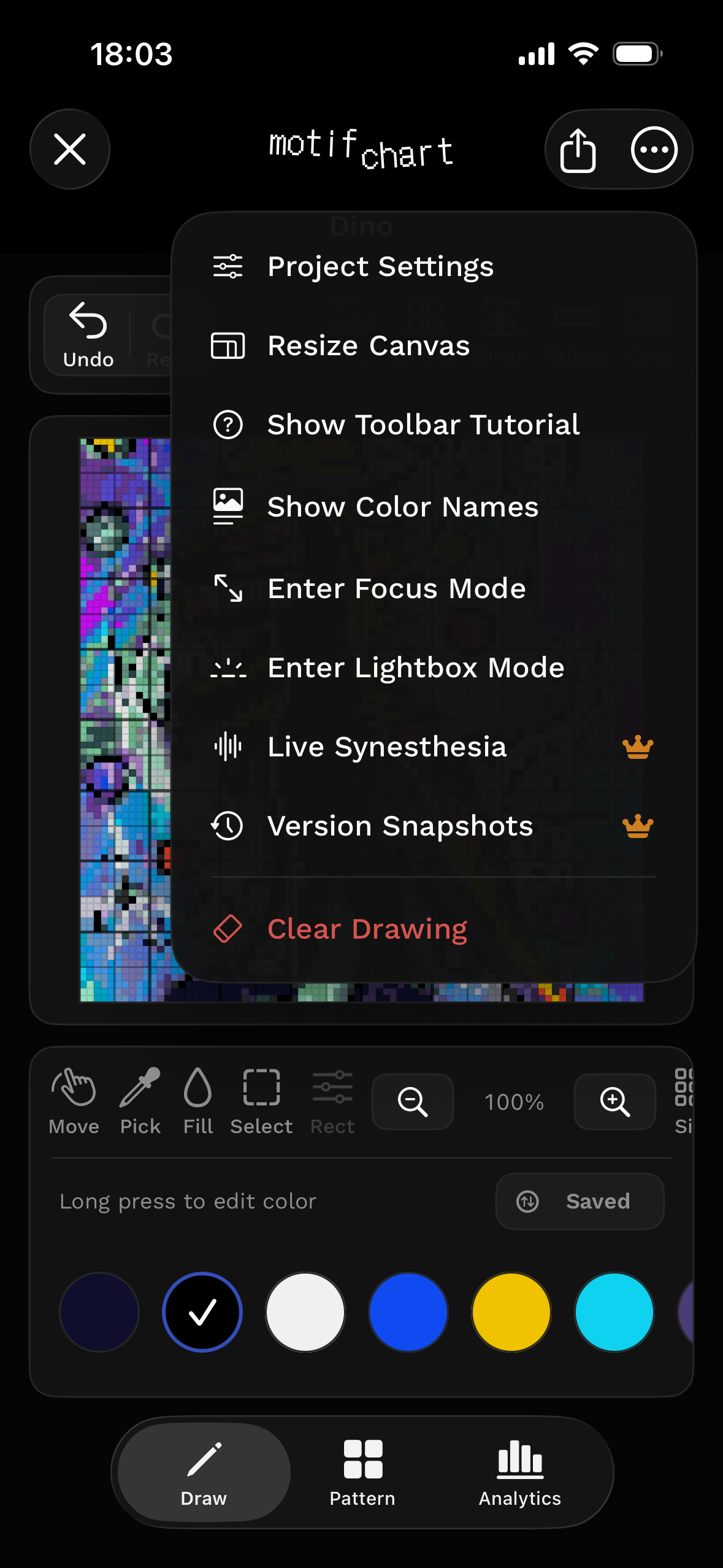 MotifChart project menu showing Pro workflow options including Live Synesthesia and Version Snapshots.